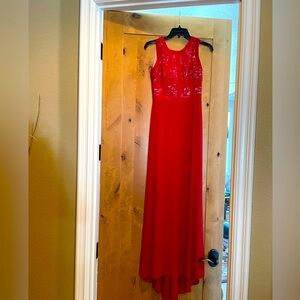 Morgan & Co long formal floor length dress- red w/ lace accent & slit - 3/4